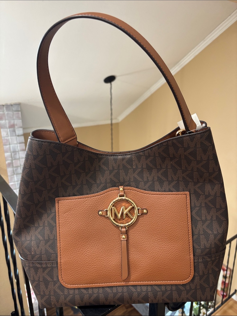 Michael Kors Brown and Tan Signature MK Medallion Shoulder Bag